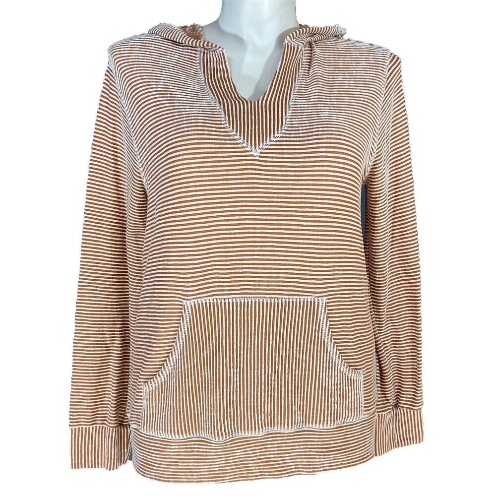 Womens Sweater LARGE Hood Pocket Stretch Brown White Texture Stripe Ces‎ Femme